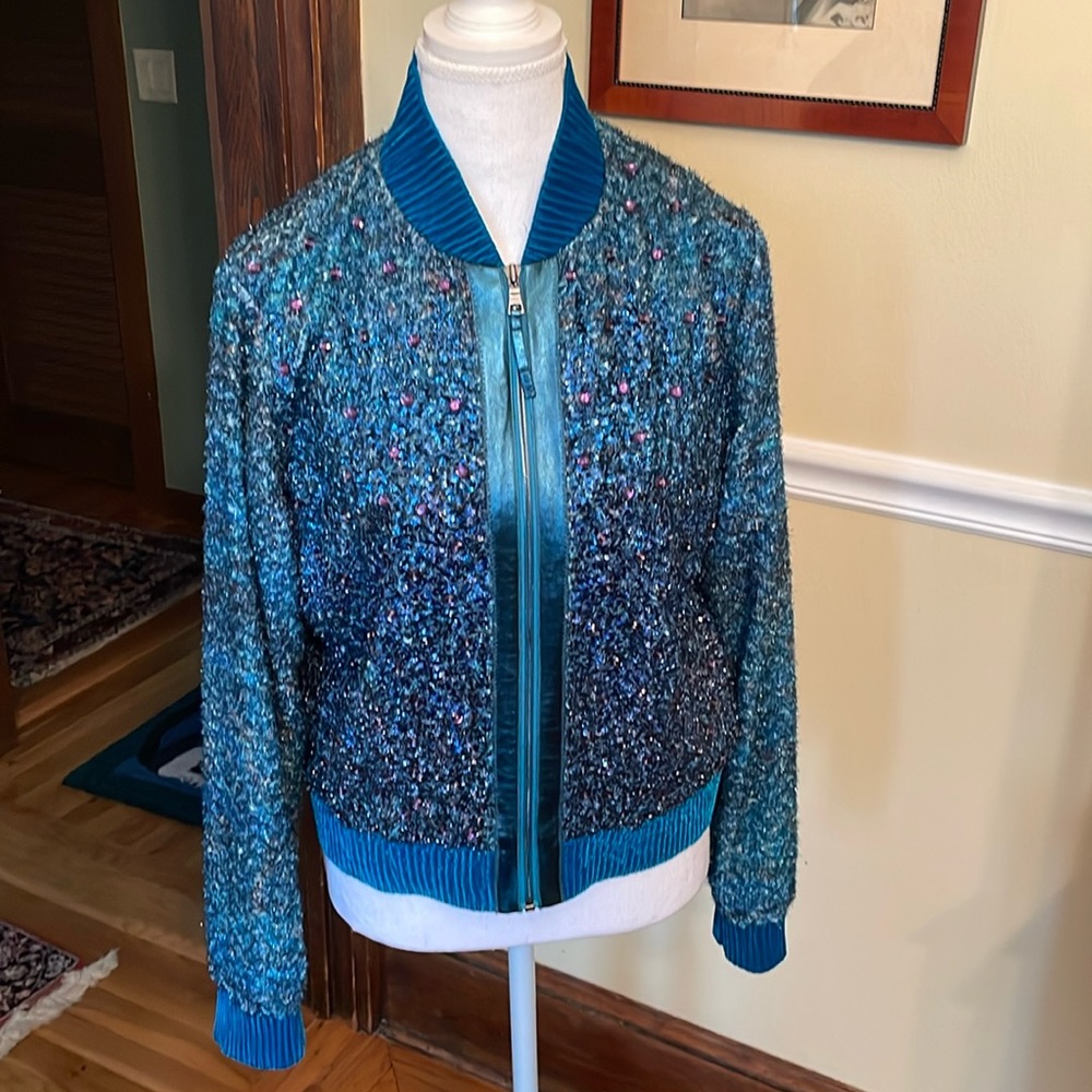 Elie Tahari Teal Blue Multi-Texture Bomber Jacket